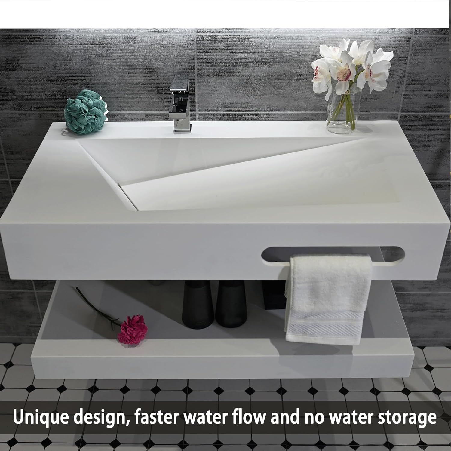 32"x19" Wall Mount Bathroom Vanity with Sink Stone Resin Floating Vanity Sink Rectangular Vessel Sinks for Bathroom White Trough Art Basin with Shelf Layer