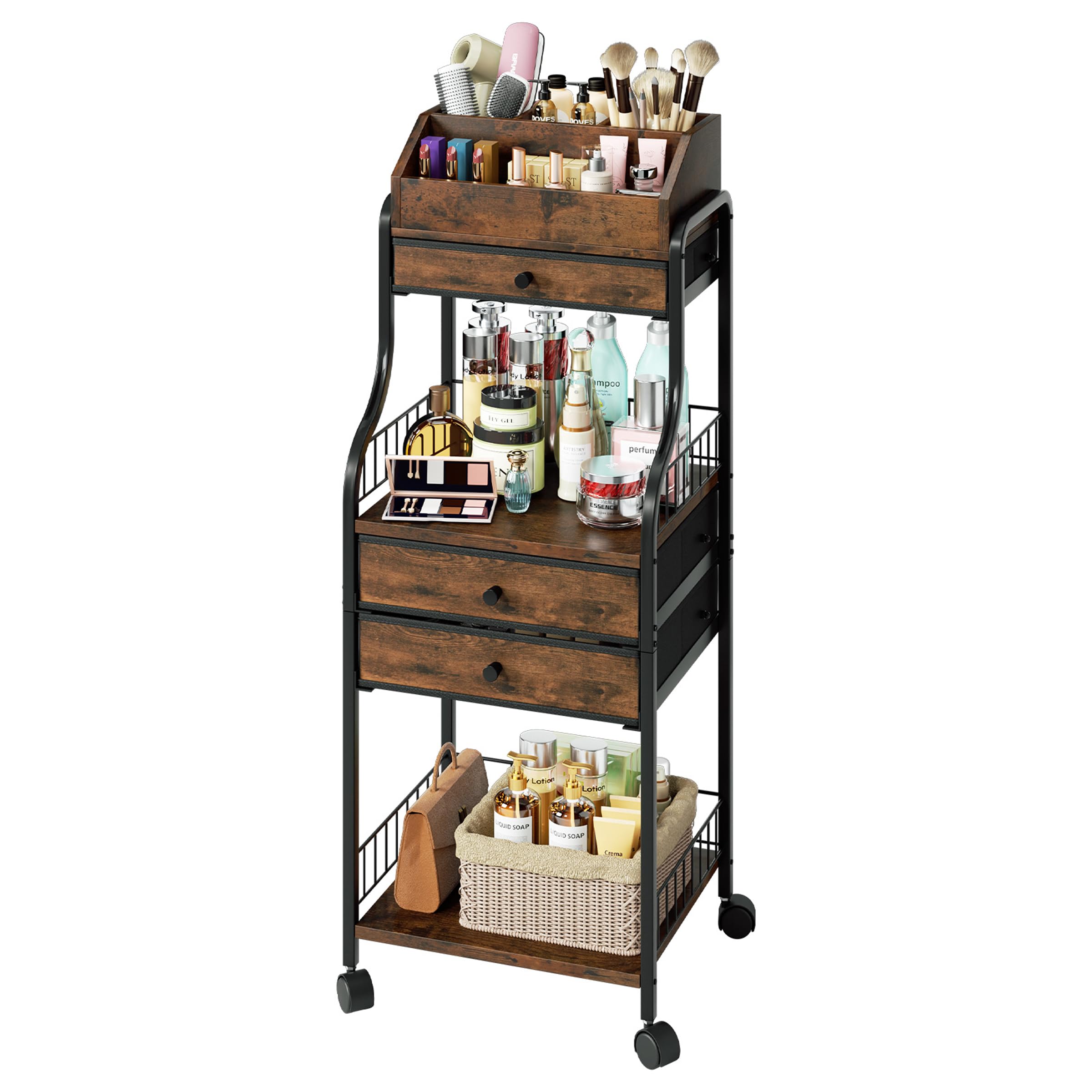 SWTYMIKI Rolling Makeup Organizer Cart - Floor Skincare Storage with Non-woven Drawers, Vanity Organizer Cosmetic Display Cases with Wheels, Cabinet for Skin Care Perfume Nail Polish Brush Hair Tool