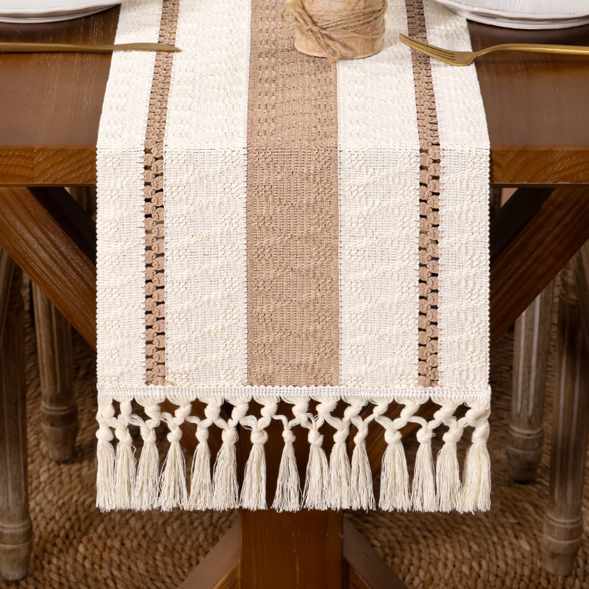 DeZerlor Boho Macrame Table Runner Farmhouse Woven Small Table Runner with Tassels 48 Inches Ivory& Burlap Brown Cotton Linen Kitchen Table Decor for Dining Dresser Home Tea Table Decor