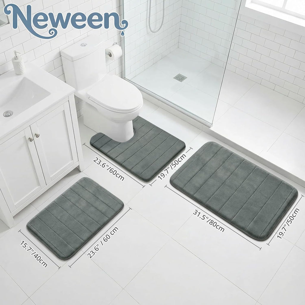 Neween Bathroom Rugs Set 3 Piece, Extra Soft Absorbent Non Slip Memory Foam Bath Mat Set, Thick & Quick Dry Washable Bath Rugs Bathroom Carpet Contour Toliet Mats for Floor, Tub, Shower (Dark Grey)