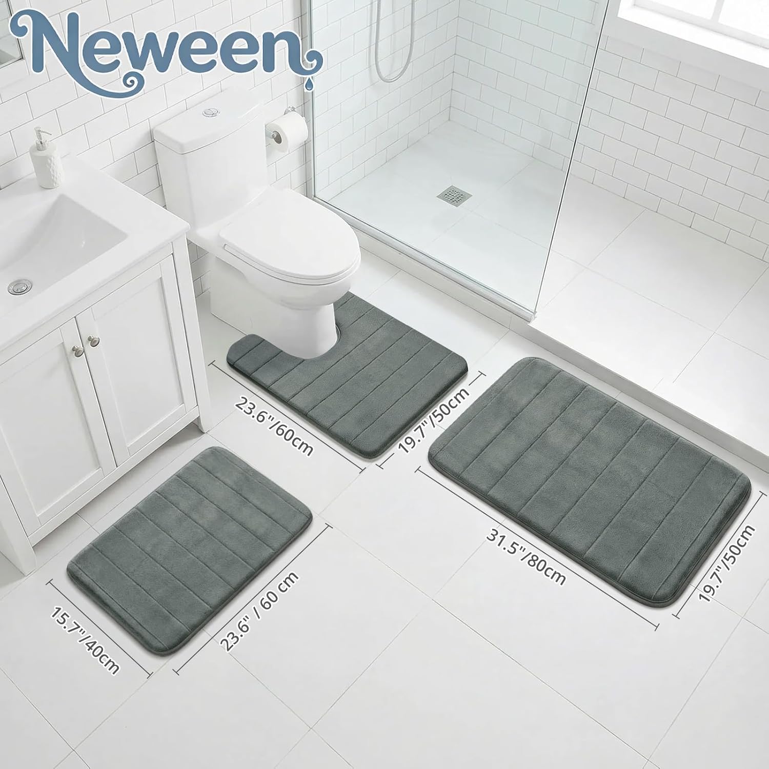 Neween Bathroom Rugs Set 3 Piece, Extra Soft Absorbent Non Slip Memory Foam Bath Mat Set, Thick & Quick Dry Washable Bath Rugs Bathroom Carpet Contour Toliet Mats for Floor, Tub, Shower (Dark Grey)