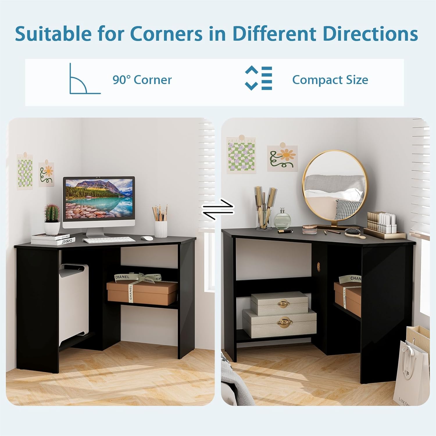 Tangkula Corner Desk, 90 Degrees Triangle Computer Desk for Small Space, Bedroom Corner Makeup Vanity Desk with Storage Shelves & CPU Stand
