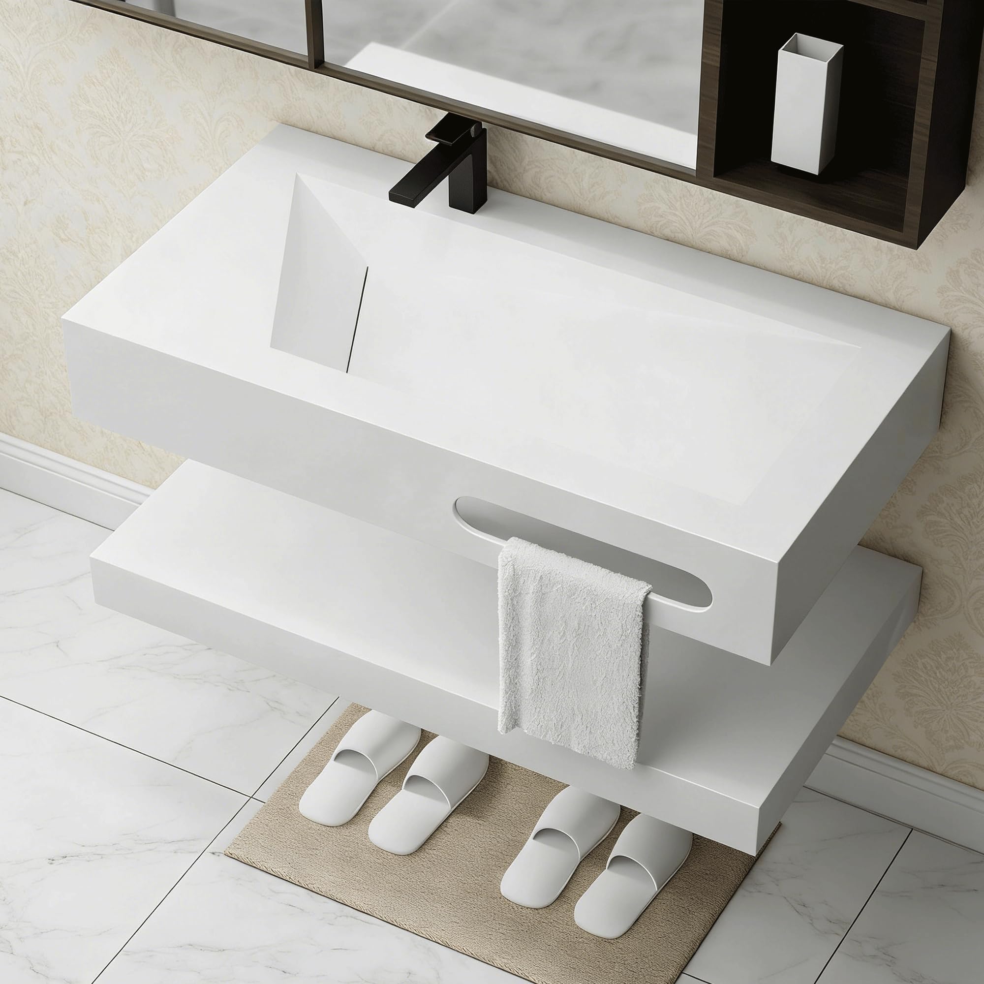 32"x19" Wall Mount Bathroom Vanity with Sink Stone Resin Floating Vanity Sink Rectangular Vessel Sinks for Bathroom White Trough Art Basin with Shelf Layer