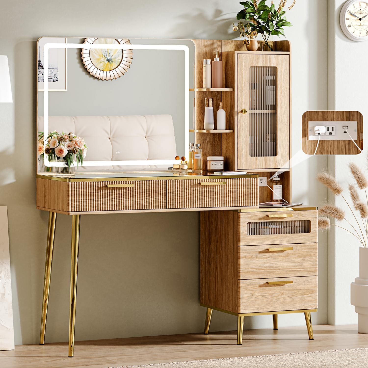 Arulvmrn Vanity Desk with 29.53" HD Lighted Mirror, 47.24" Big Modern Vanity Desk with Mirror and Lights, Makeup Vanity with 5 Drawers and Storage Shelves and Charging Station,Brown