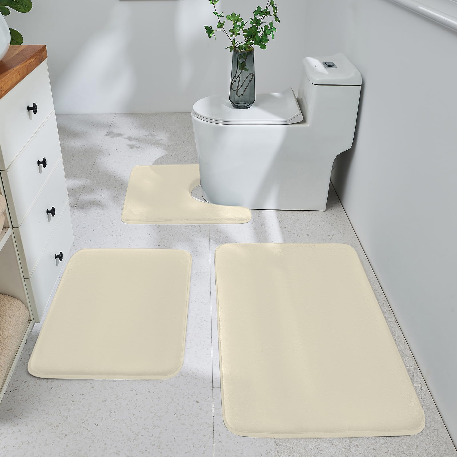 HUXMEYSON Bathroom Rugs Sets 3 Piece, Ultra Soft Velvet Memory Foam Bath Rugs, Non-Slip & PVC Backing Bathroom Mat Set, Washable Quick Dry Bath Rug - Grey