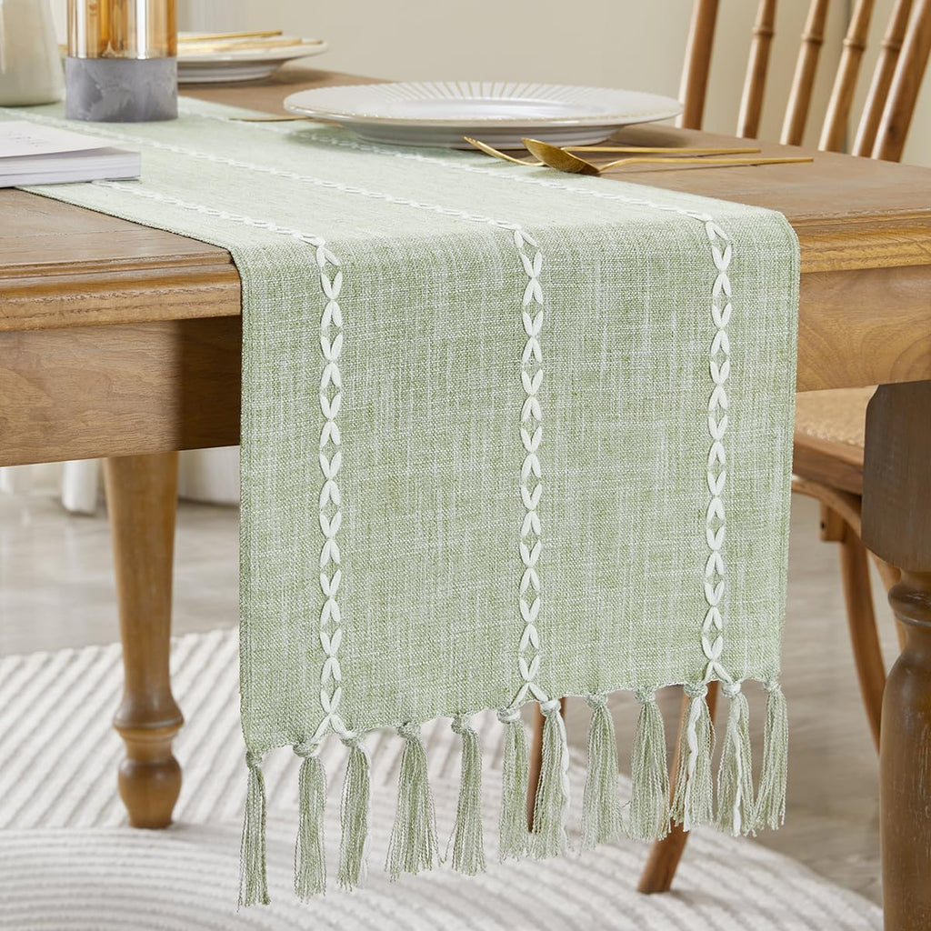 Wracra Rustic Linen Table Runner Farmhouse Style Table Runners 72 inches Long Embroidered Fall Table Runner with Hand-Tassels for Party, Dresser and Dining Room Decorations(Light Coffee, 13"×72")