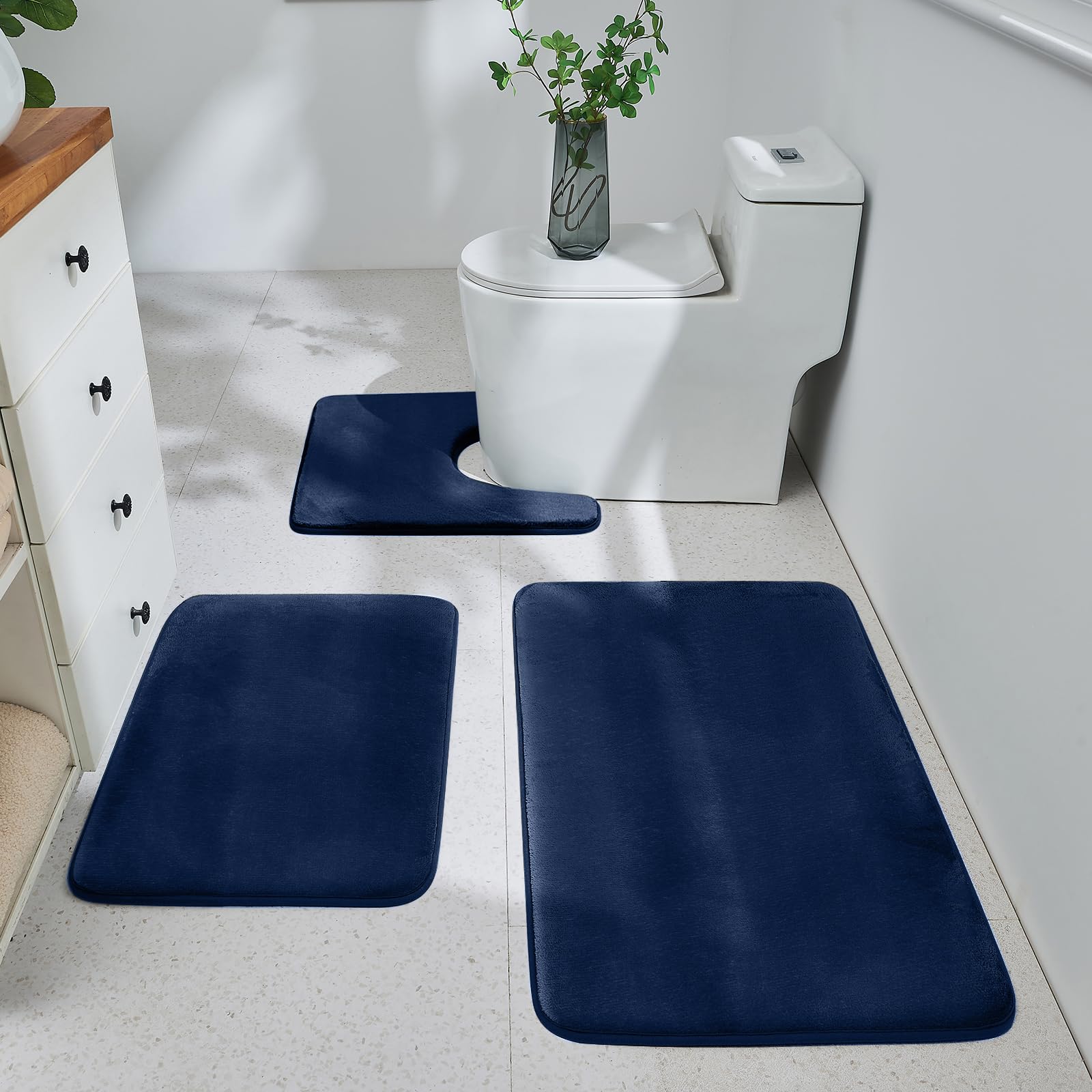 HUXMEYSON Bathroom Rugs Sets 3 Piece, Ultra Soft Velvet Memory Foam Bath Rugs, Non-Slip & PVC Backing Bathroom Mat Set, Washable Quick Dry Bath Rug - Grey