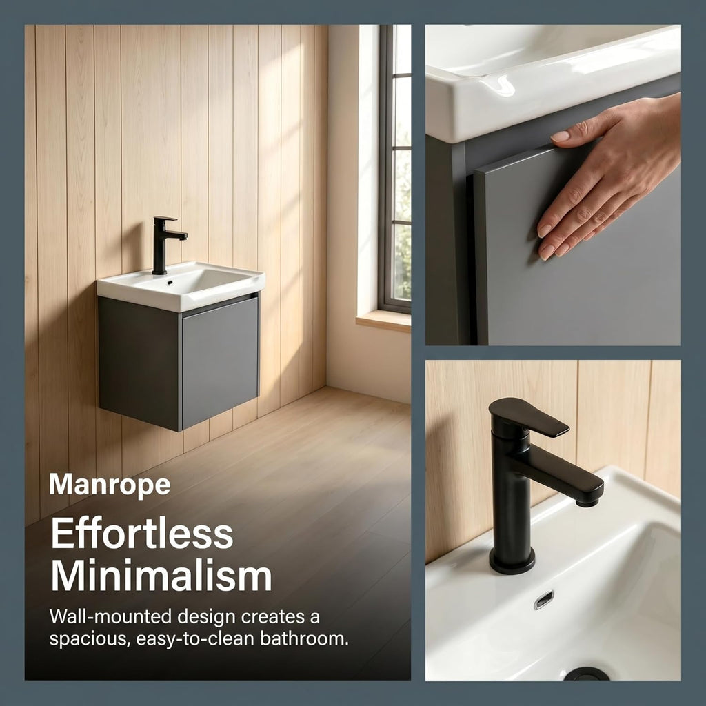 Modern-style 17in wall-mounted bathroom vanity with a ceramic sink and a compact floating vanity cabinet featuring soft-close doors,a storage solution designed specifically for small bathrooms (Gray)
