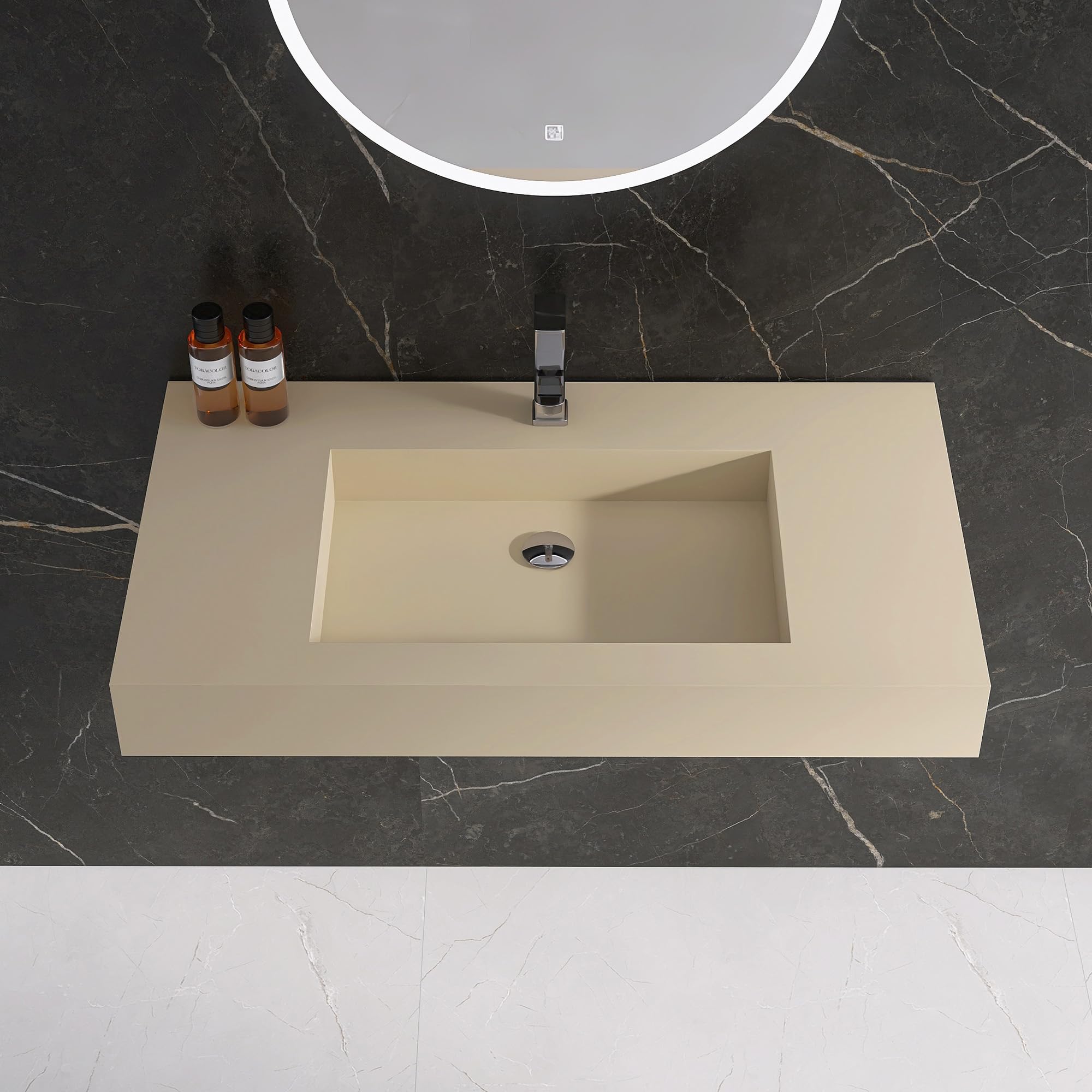 35'' Wall Mount Sink Matte Bathroom Vanity Vessel Sinks Artificial Stone Rectanglee Indoor Outdoors Modern Floating or Countertop Freestanding Wall Hang Sink Bowl (single Holes 35'')