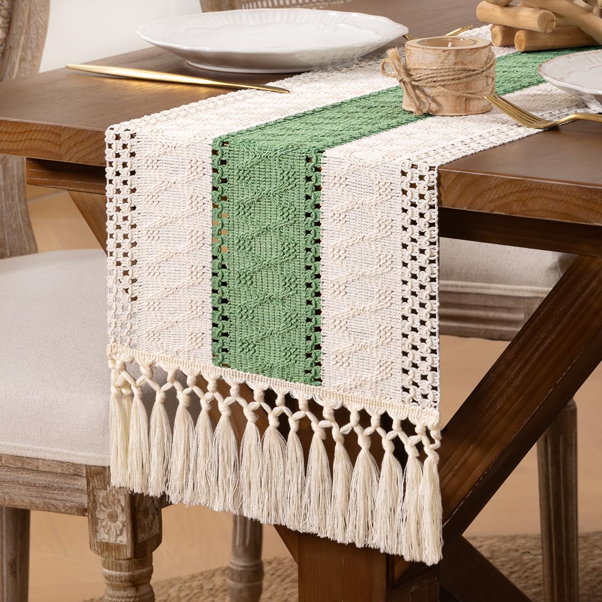 DeZerlor Boho Macrame Table Runner Farmhouse Woven Small Table Runner with Tassels 48 Inches Ivory& Burlap Brown Cotton Linen Kitchen Table Decor for Dining Dresser Home Tea Table Decor