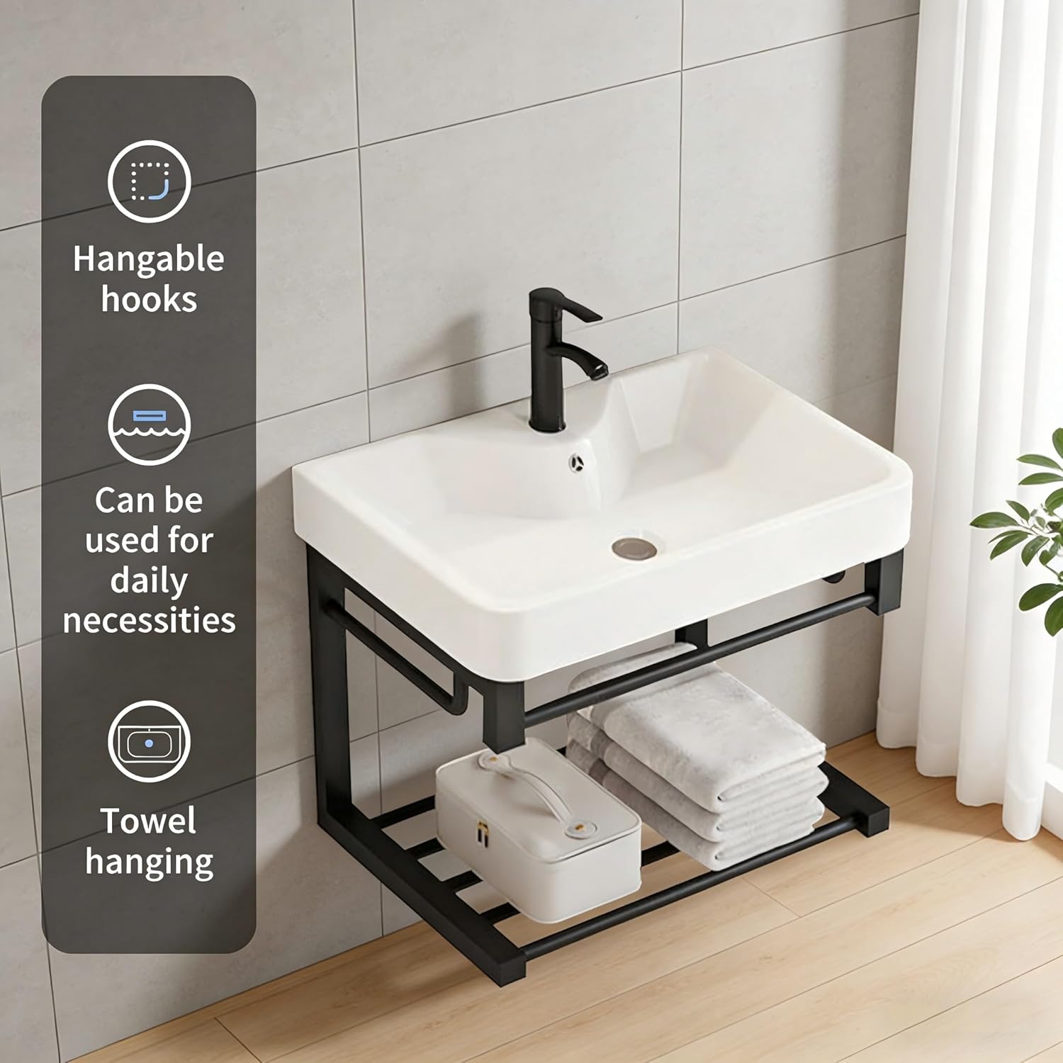 20-inch black floating wall-mounted bathroom sink with ceramic basin and open shelf, compact design specifically designed for small spaces
