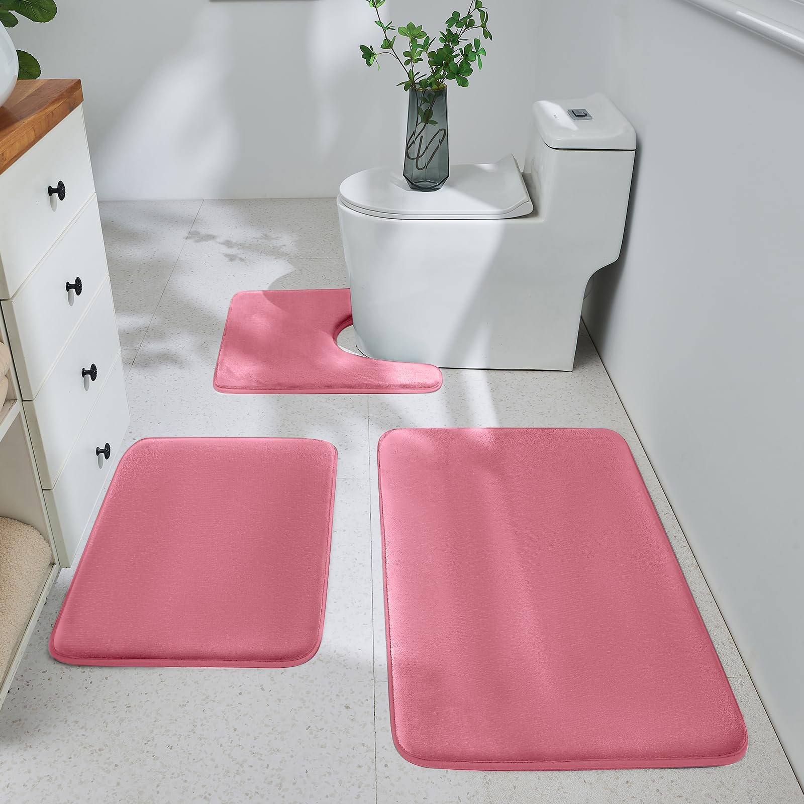 HUXMEYSON Bathroom Rugs Sets 3 Piece, Ultra Soft Velvet Memory Foam Bath Rugs, Non-Slip & PVC Backing Bathroom Mat Set, Washable Quick Dry Bath Rug - Grey