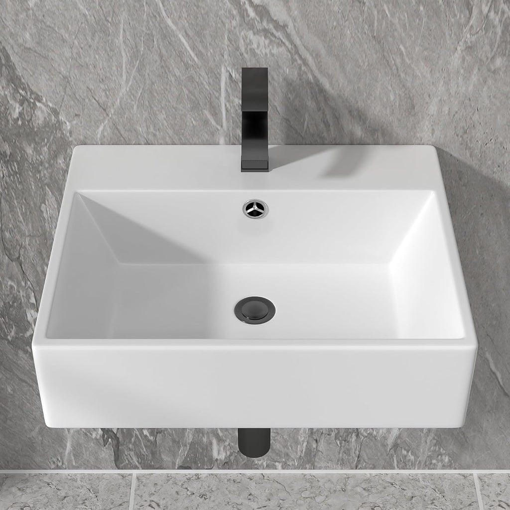 Floating Vessel Sink For Bathroom - Fulorni 20"x17" Bathroom Vessel Sink Rectangular Wall Mounted White Ceramic Porcelain Vanity Sink Bowl Basin