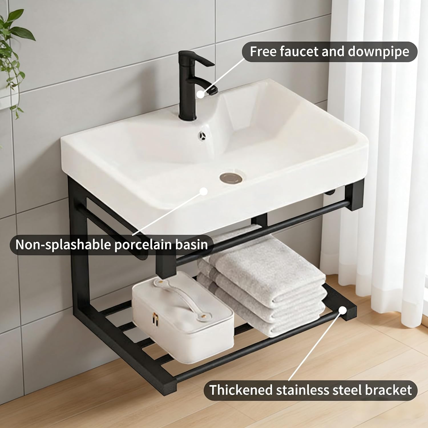 20-inch black floating wall-mounted bathroom sink with ceramic basin and open shelf, compact design specifically designed for small spaces