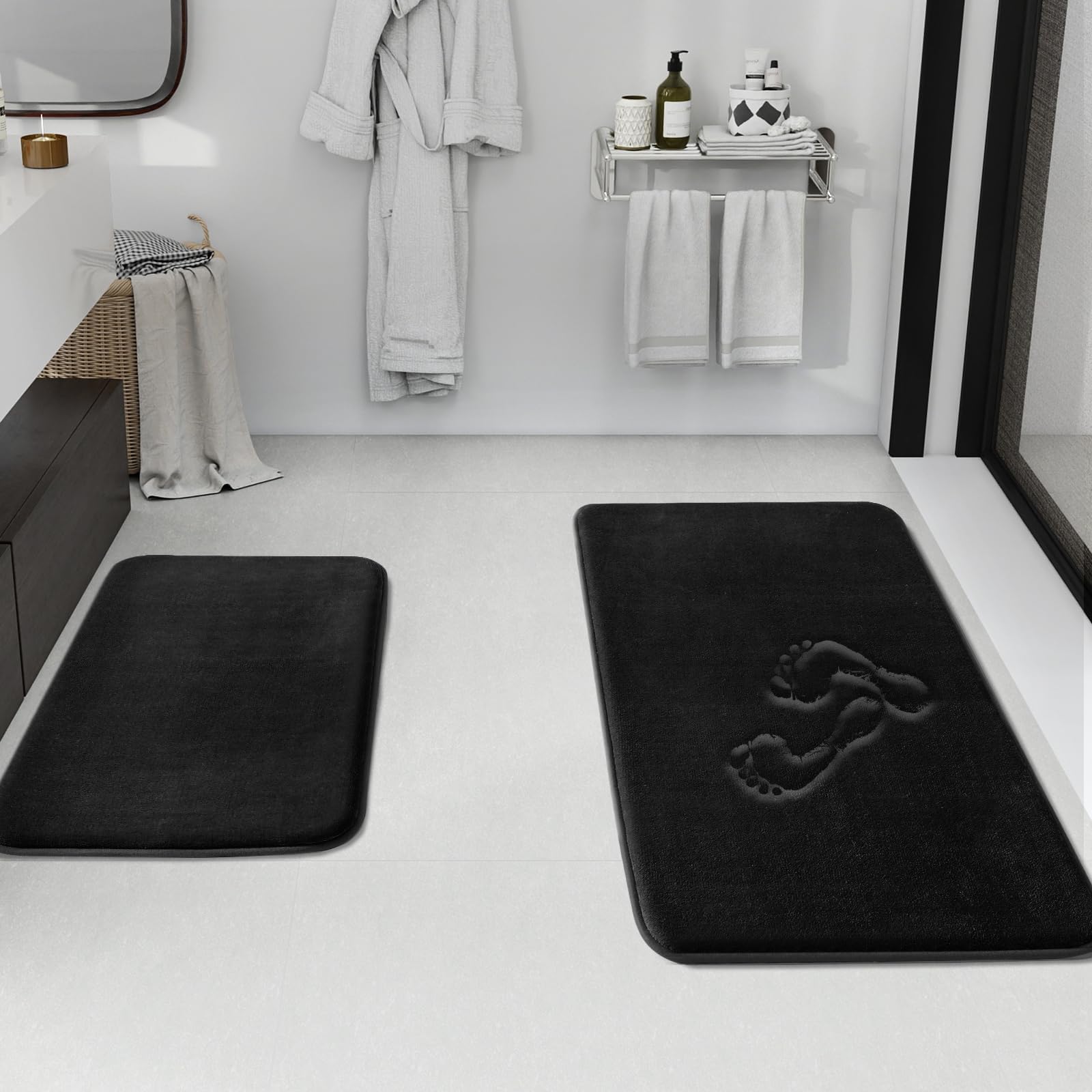 HUXMEYSON Bathroom Rugs Sets 3 Piece, Non-Slip & Quick Dry Bath Mat Set, Ultra Soft Velvet Bath Rugs for Bathroom, Toilet and Shower Floor, Grey