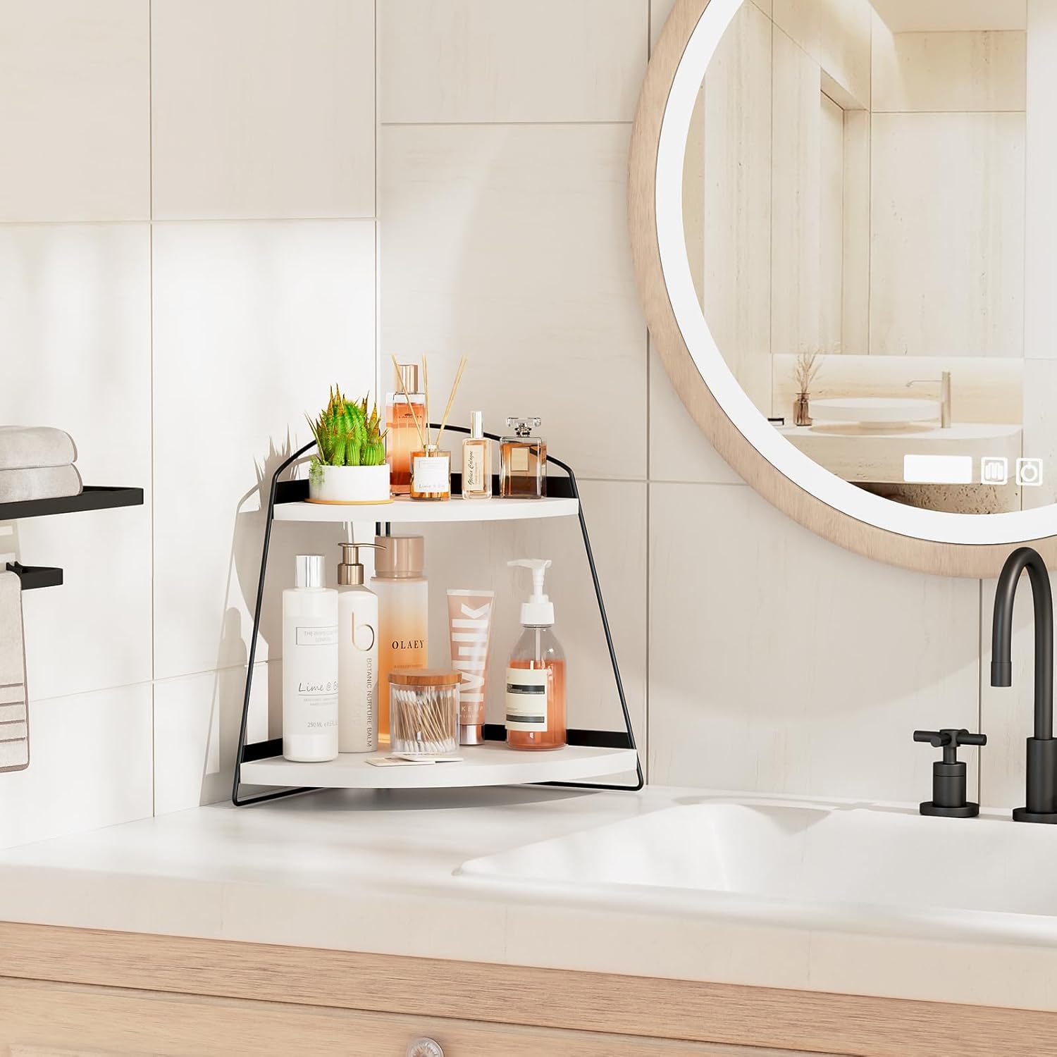 Puricon Bathroom Counter Organizer, 2 Tier Corner Countertop Storage Shelf Bathroom Sink Organizer, Wood Triangle Bathroom Organization for Skincare Kitchen Vanitity -White