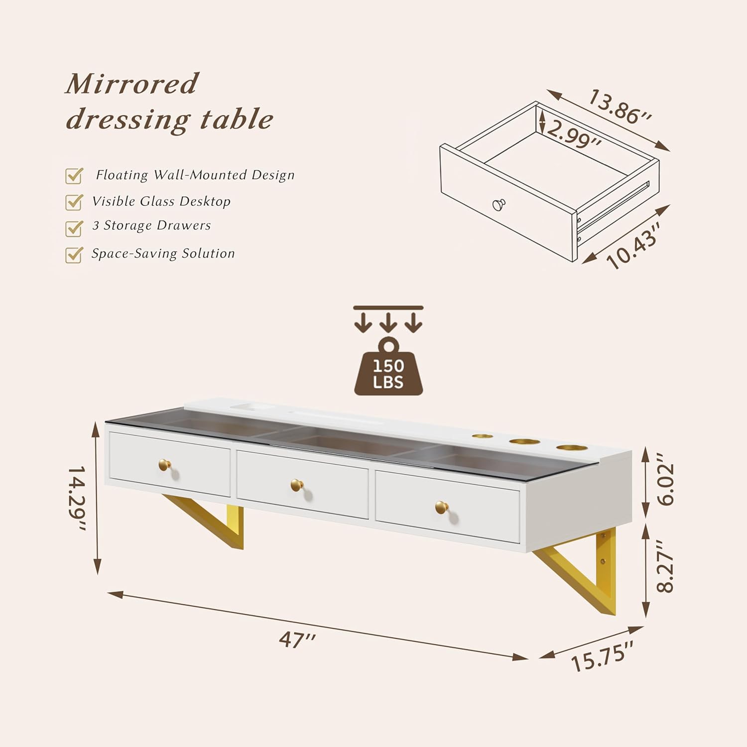 IEO 47" Floating Vanity Makeup Table,Wall Mounted Desk with 3 Drawers Storage,Hanging Floating Small Space Vanity Table for Bedroom, Dressing Room,Warm White
