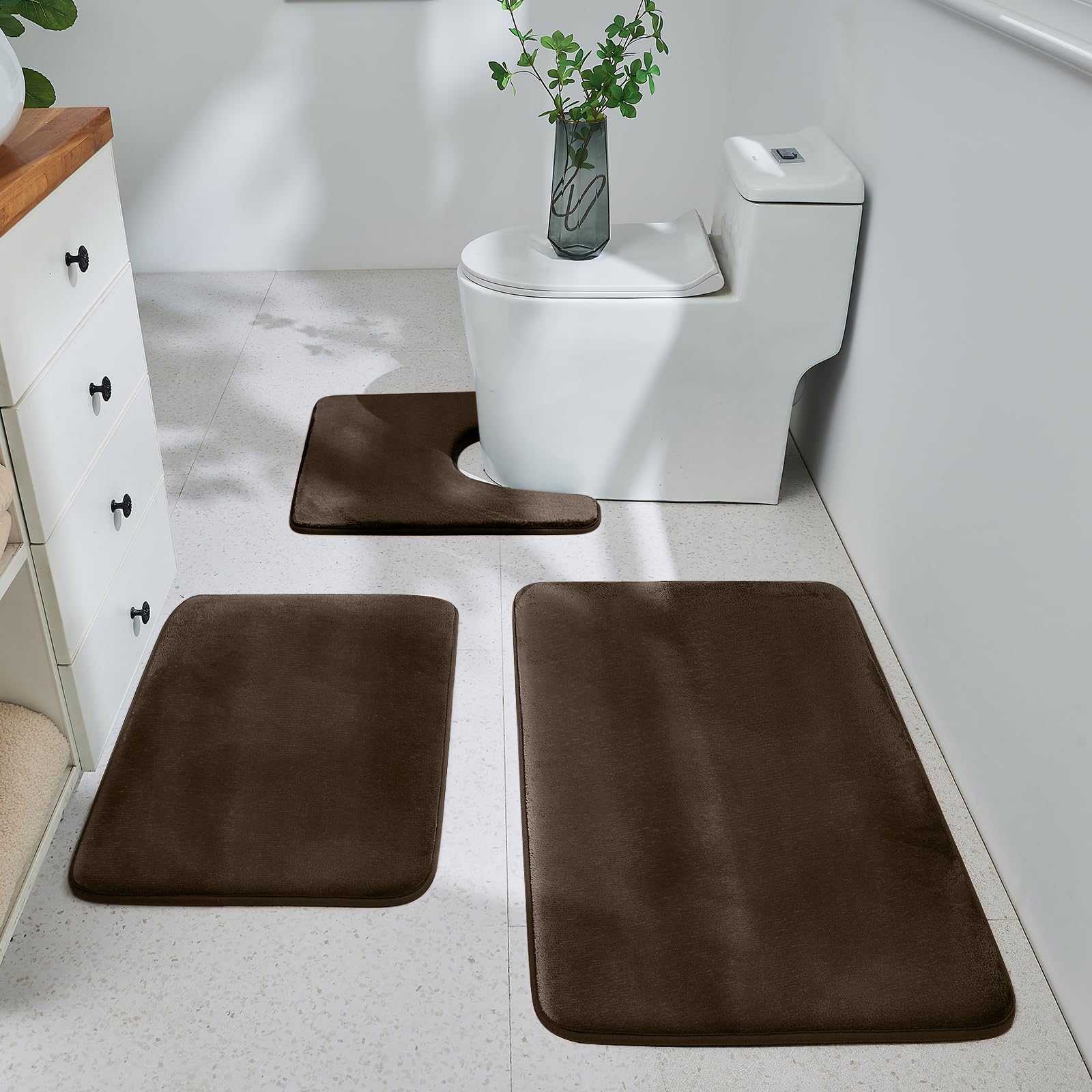 HUXMEYSON Bathroom Rugs Sets 3 Piece, Ultra Soft Velvet Memory Foam Bath Rugs, Non-Slip & PVC Backing Bathroom Mat Set, Washable Quick Dry Bath Rug - Grey