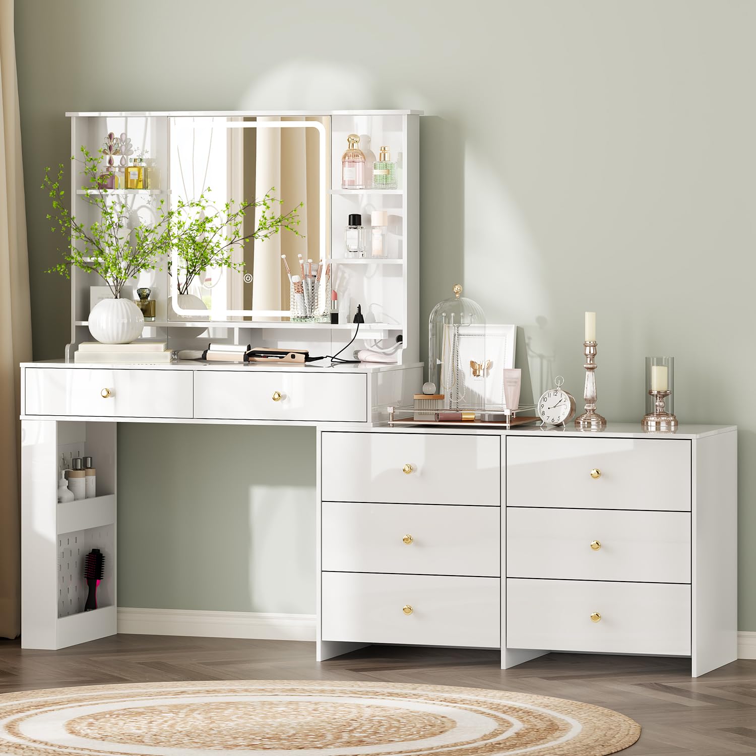 Ieejdn Makeup Vanity Desk with Mirror and Lights, Vanity Desk with 8 Drawers & Storage Shelves, Vanity Table with Power Outlet, 3 Color Modes & Adjustable Brightness Dressing Table, Bedroom,Black