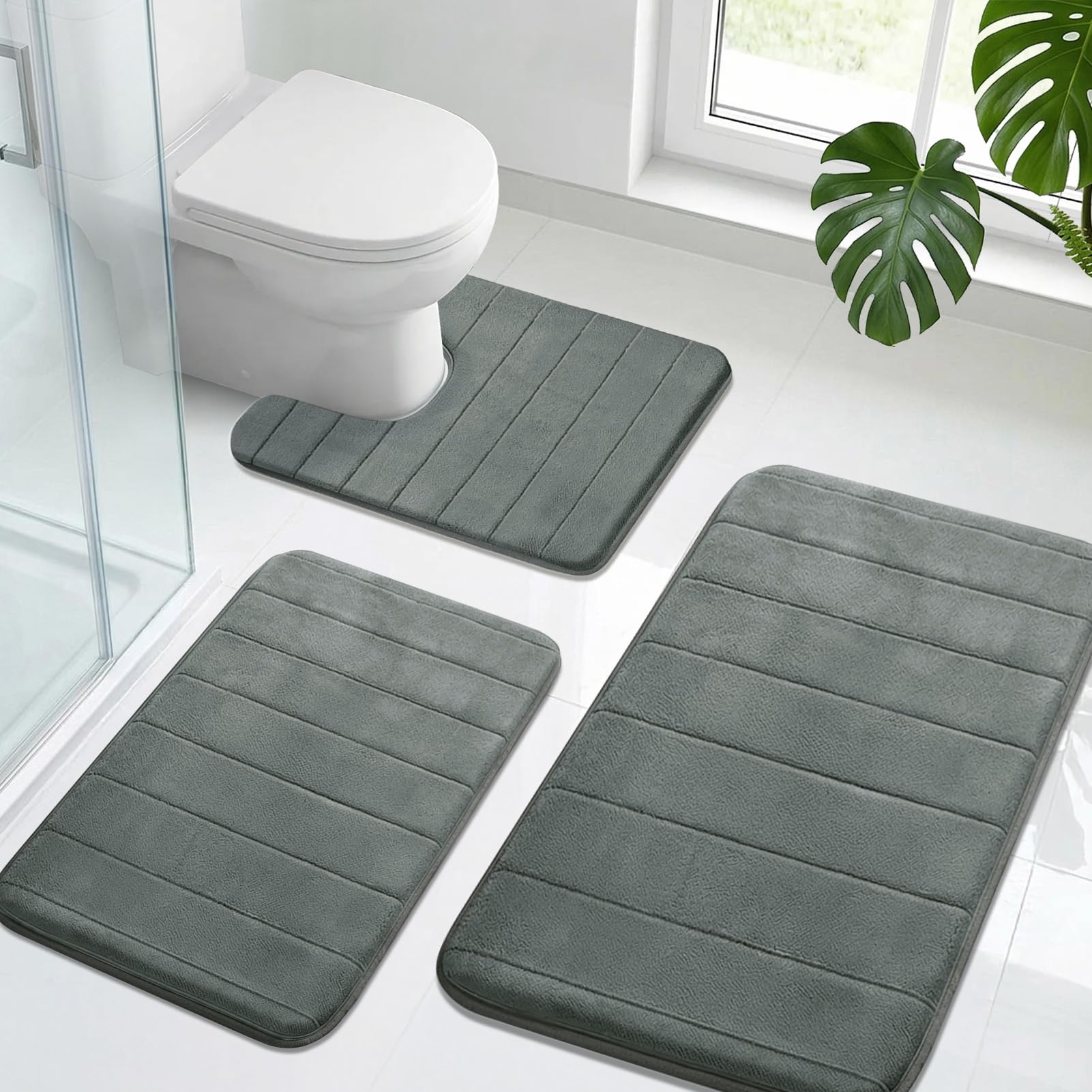 Neween Bathroom Rugs Set 3 Piece, Extra Soft Absorbent Non Slip Memory Foam Bath Mat Set, Thick & Quick Dry Washable Bath Rugs Bathroom Carpet Contour Toliet Mats for Floor, Tub, Shower (Dark Grey)