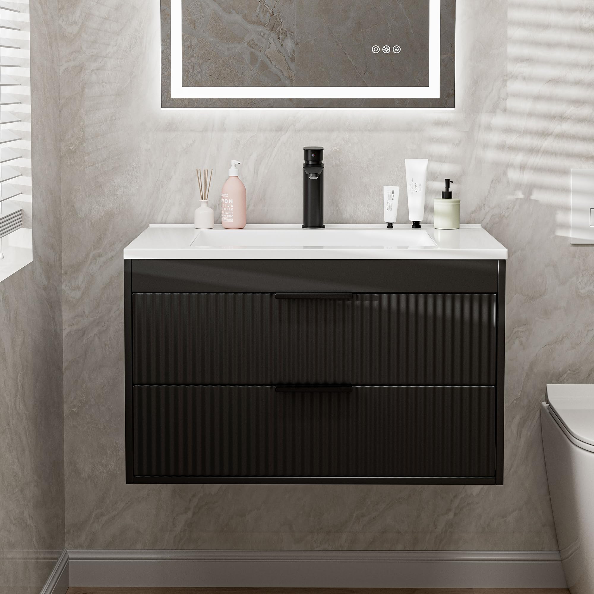 24 Inches Modern MDF Bathroom Vanity with Sink, Wall Mounted Floating Cabinets w/Double Drawers, Black Handles, White Resin Sink Combo Set (Black, 24")