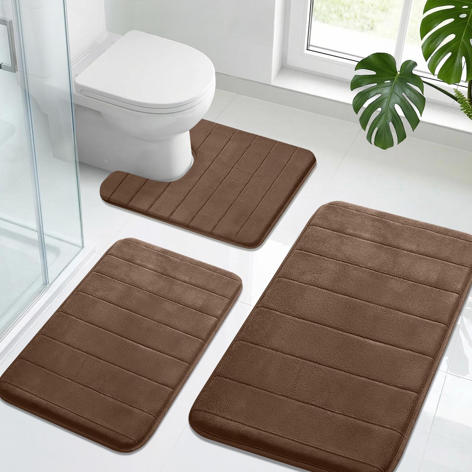 Neween Bathroom Rugs Set 3 Piece, Extra Soft Absorbent Non Slip Memory Foam Bath Mat Set, Thick & Quick Dry Washable Bath Rugs Bathroom Carpet Contour Toliet Mats for Floor, Tub, Shower (Dark Grey)