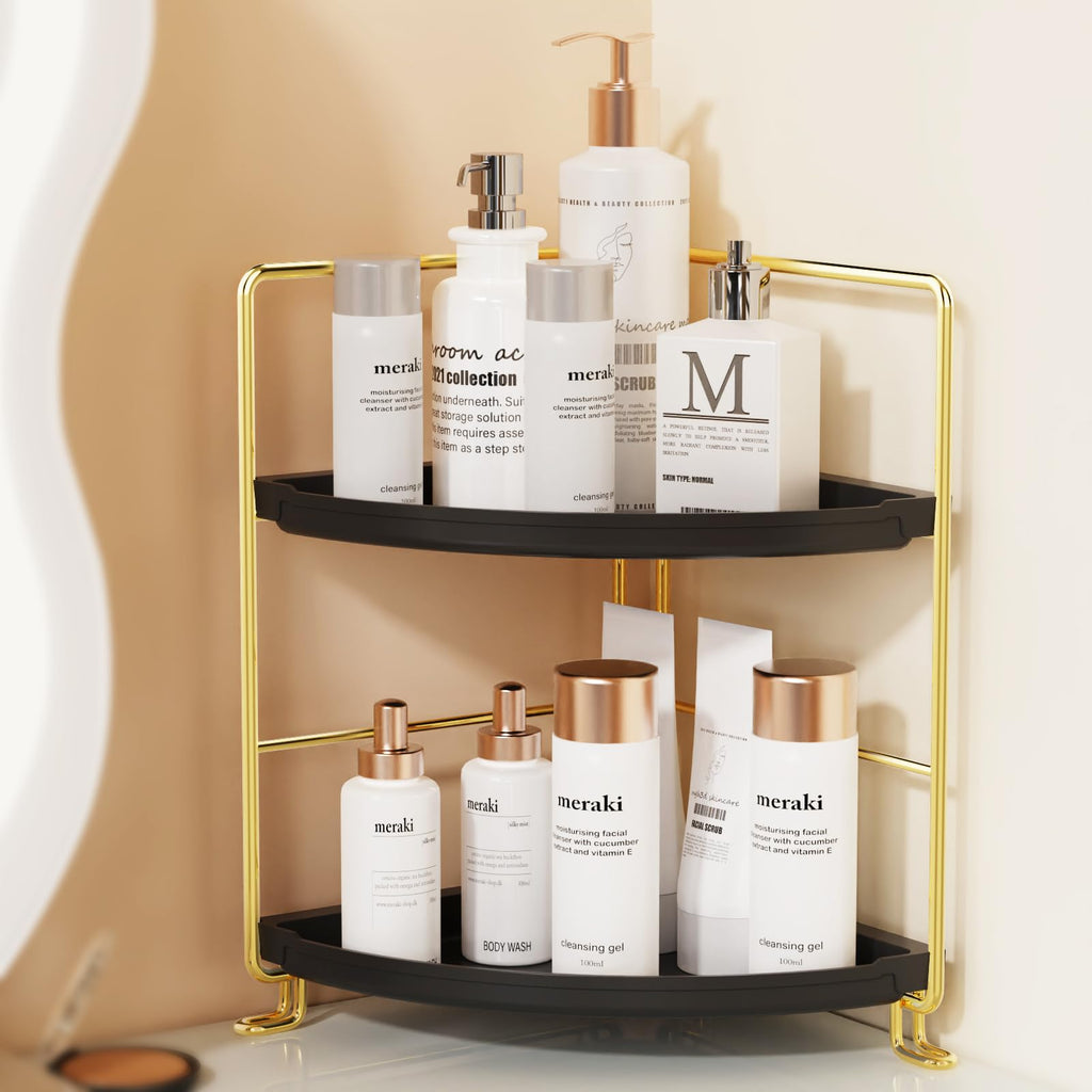 2-Tier Bathroom Organizer Countertop Corner - Makeup Organizer Cosmetic Perfume Holder Bedroom Storage Shelf or Kitchen Spice Rack (Chrome + Black)
