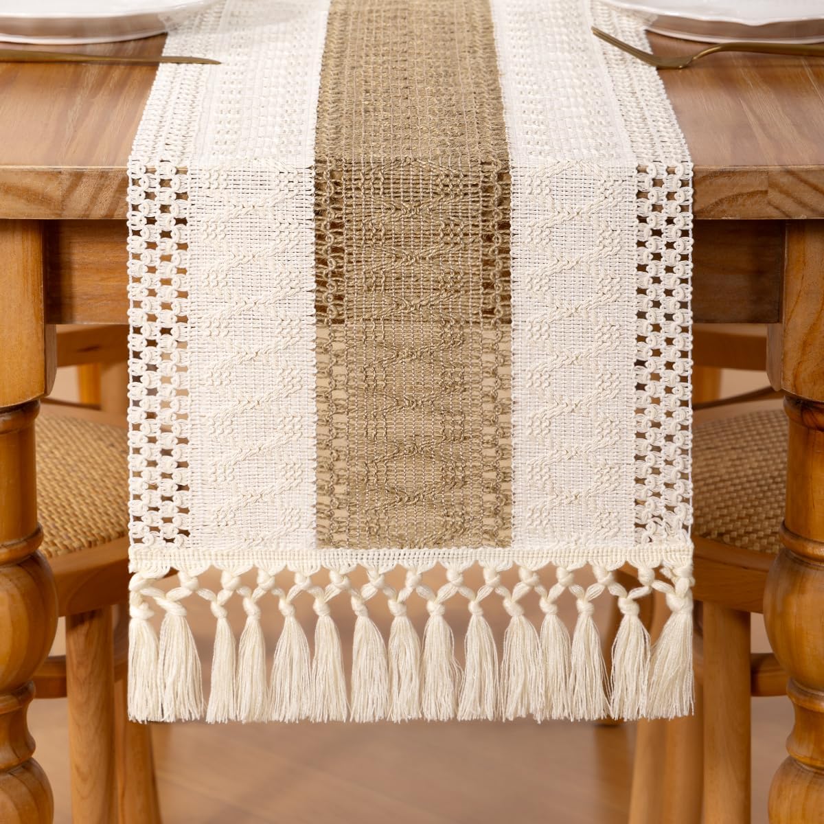 DeZerlor Boho Macrame Table Runner Farmhouse Woven Small Table Runner with Tassels 48 Inches Ivory& Burlap Brown Cotton Linen Kitchen Table Decor for Dining Dresser Home Tea Table Decor