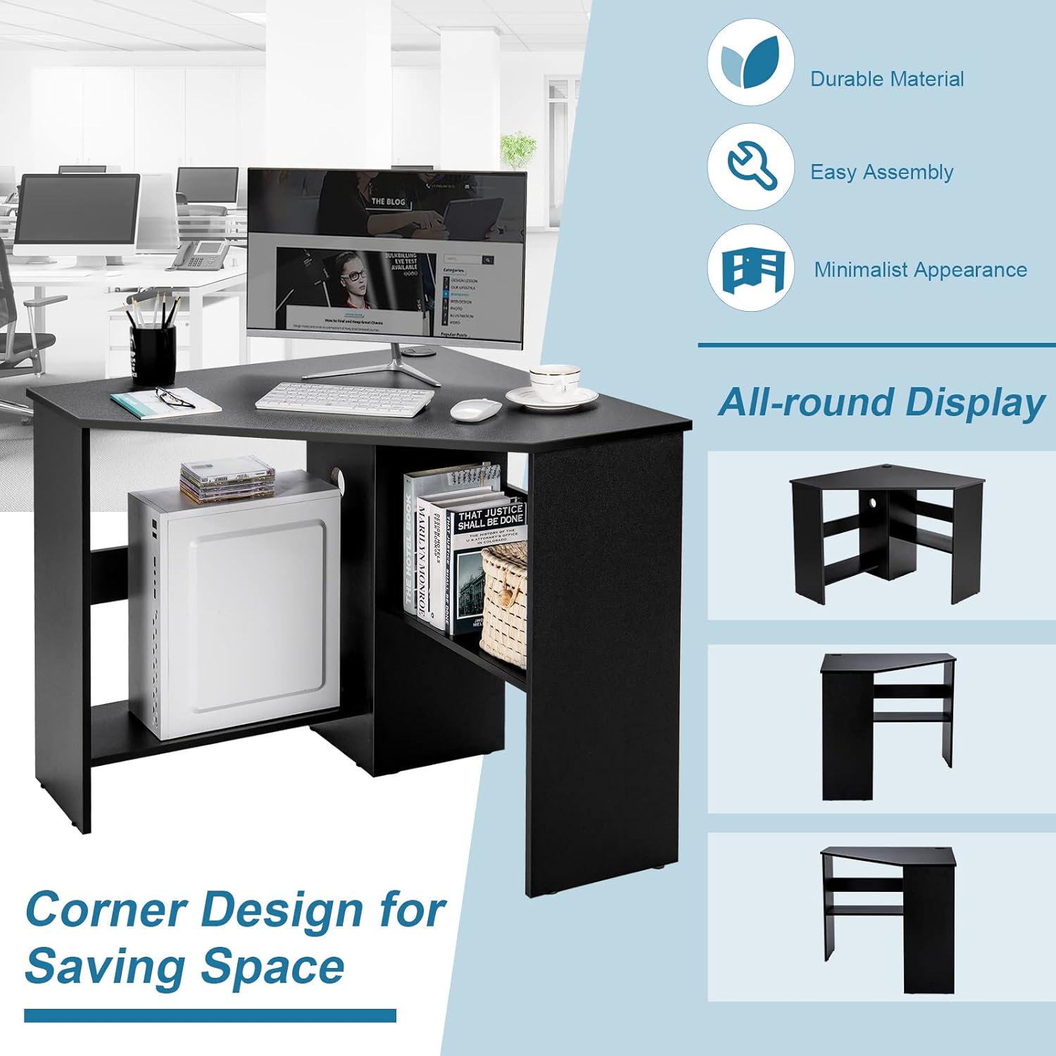 Tangkula Corner Desk, 90 Degrees Triangle Computer Desk for Small Space, Bedroom Corner Makeup Vanity Desk with Storage Shelves & CPU Stand