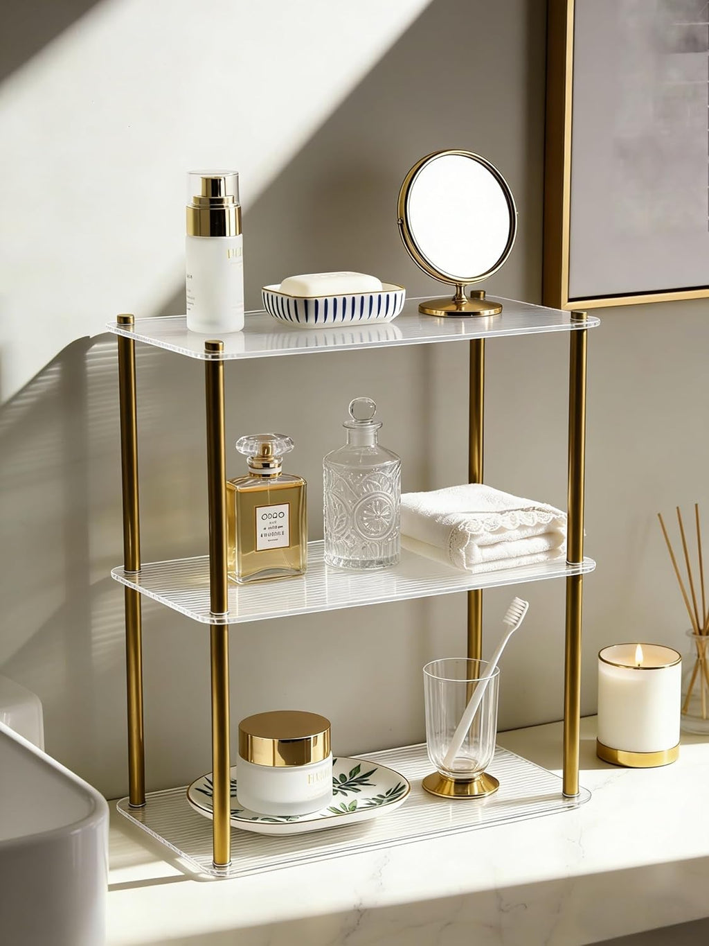 3 Tier Bathroom Counter Organizer，Ribbed Acrylic Shelves with Gold Poles，Space-Saving Vanity Countertop Corner Storage for Skincare, Perfume, Makeup & Toiletries