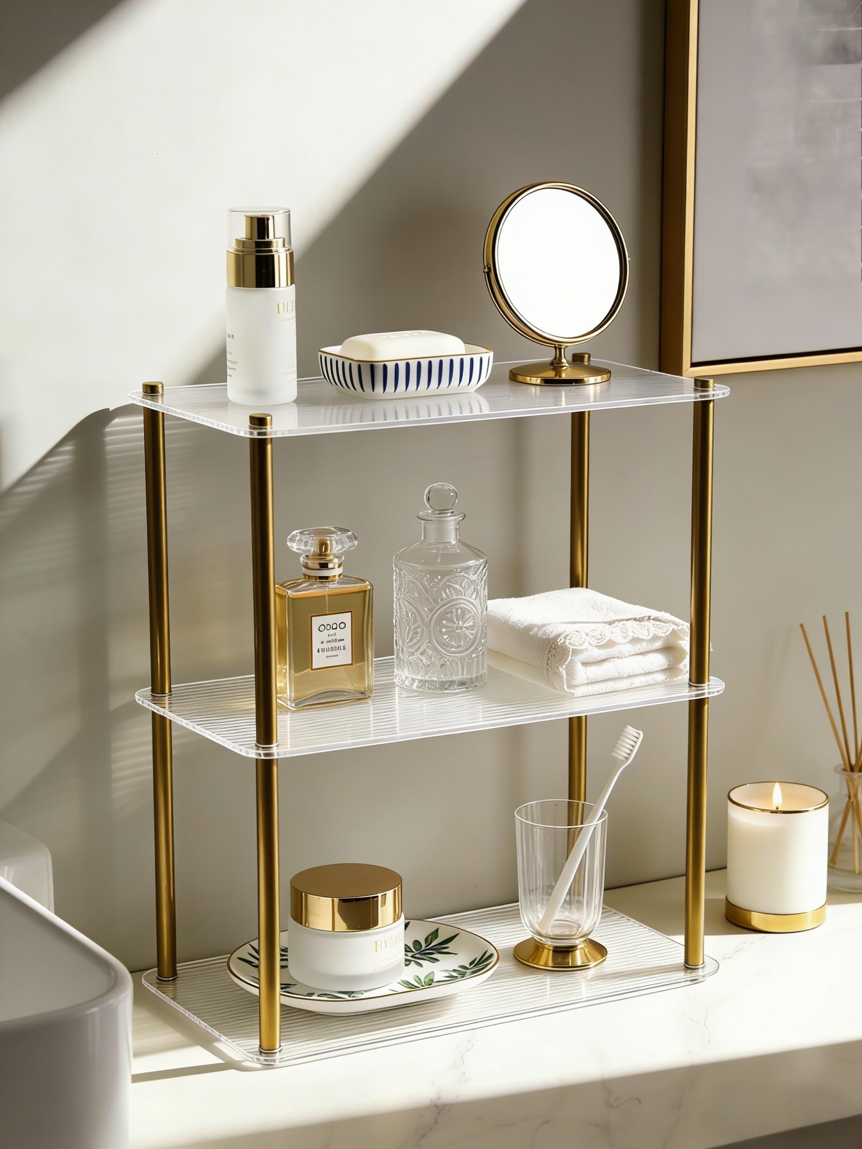 3 Tier Bathroom Counter Organizer，Ribbed Acrylic Shelves with Gold Poles，Space-Saving Vanity Countertop Corner Storage for Skincare, Perfume, Makeup & Toiletries