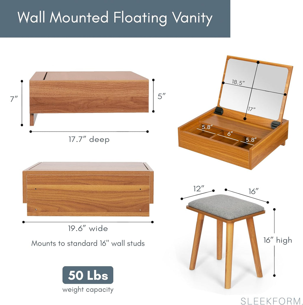 Sleekform Small Vanity Desk Dressing Table with Mirror & Chair - 18x20 Floating Vanity Makeup Table for Small Spaces, Wall Mounted Compact Make Up Tables with Flip Up Top, Nightstand Bedroom Vanities