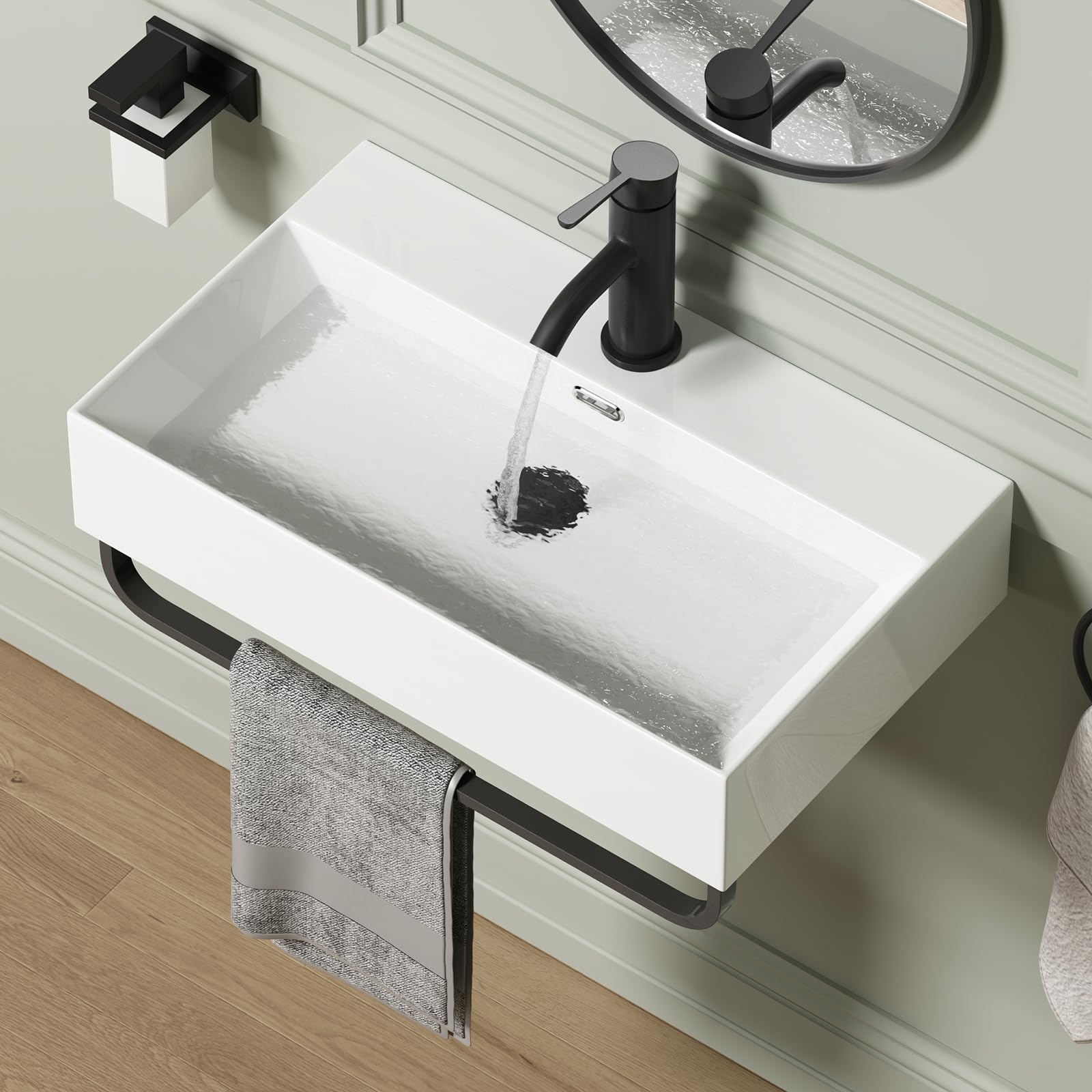 Wall Mounted Bathroom Vessel Sink, QISHKA 15" X 12" Rectangular Floating Ceramic Wash Hand Basin White Wall Hung Vanity Sink for Bathroom and Cloakroom