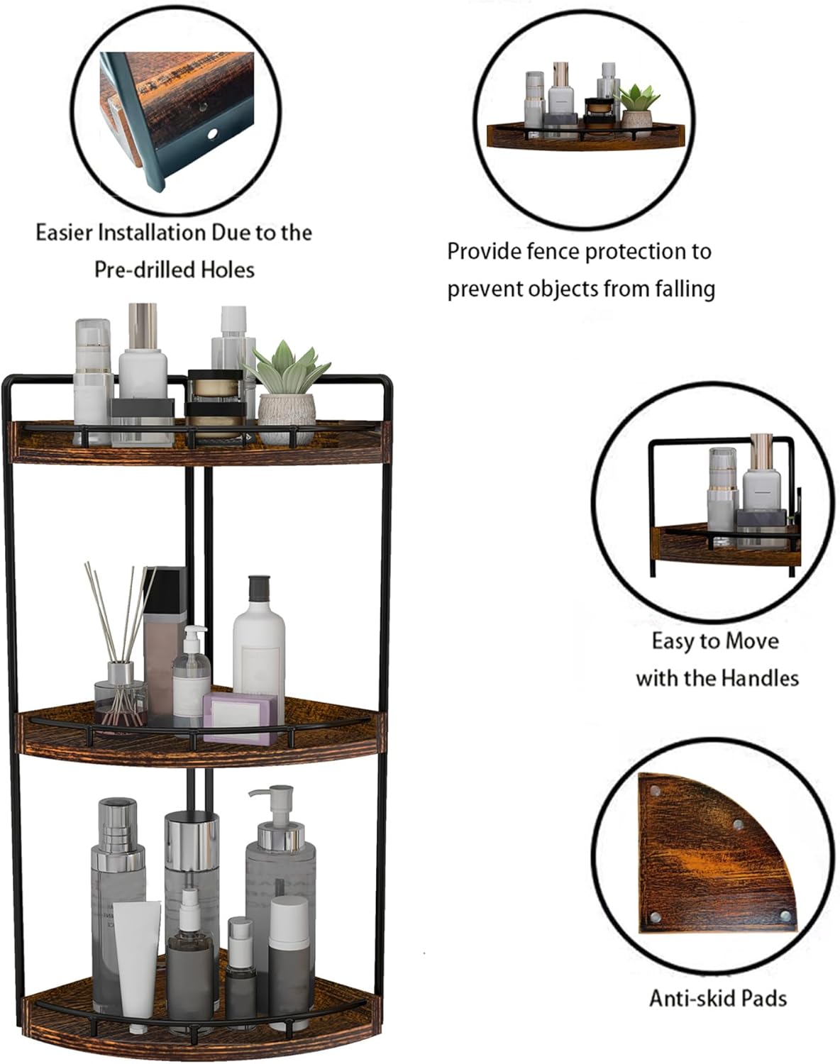 Dorhors 3-Tier Corner Bathroom Organizer Countertop for Storage,Vanity Tray,Wood Counter Organizer for Kitchen,Bathroom,Dresser (Dark Red)