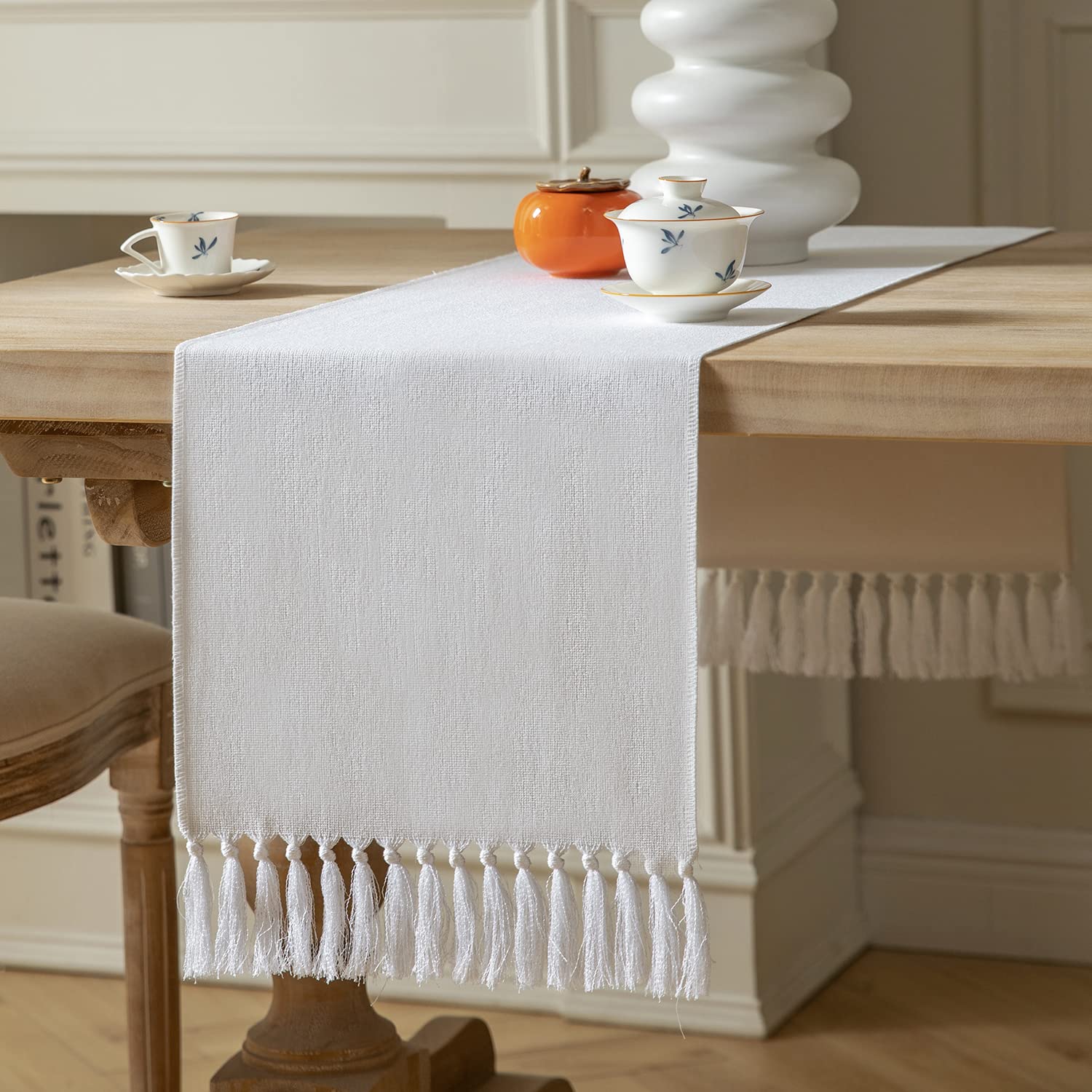 ZeeMart Beige Table Runners 72 Inches Long, Burlap Linen Style Rustic Farmhouse Table Runner, Boho Woven Dining Table Runner, 13x72 Inches, Oatmeal Beige