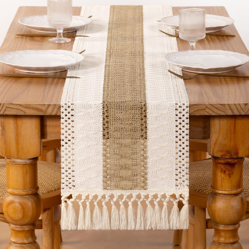 DeZerlor Boho Macrame Table Runner Farmhouse Woven Small Table Runner with Tassels 48 Inches Ivory& Burlap Brown Cotton Linen Kitchen Table Decor for Dining Dresser Home Tea Table Decor