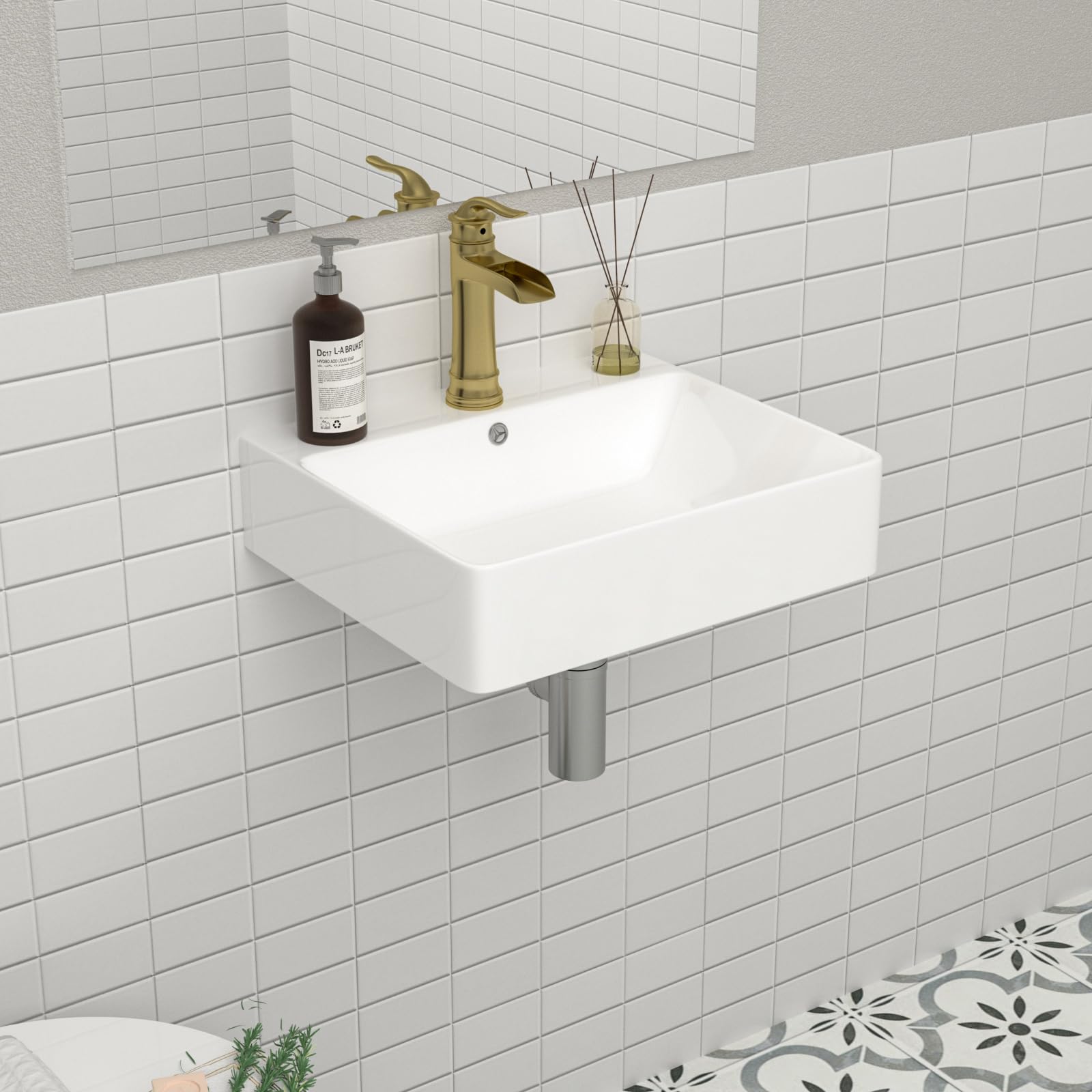 Mocoloo 21"x16" Wall Mounted Bathroom Sink White Rectangle Porcelain ADA Compliant Ceramic Bathroom Sinks Floating Vanity Sink for Lavatory Room Basin