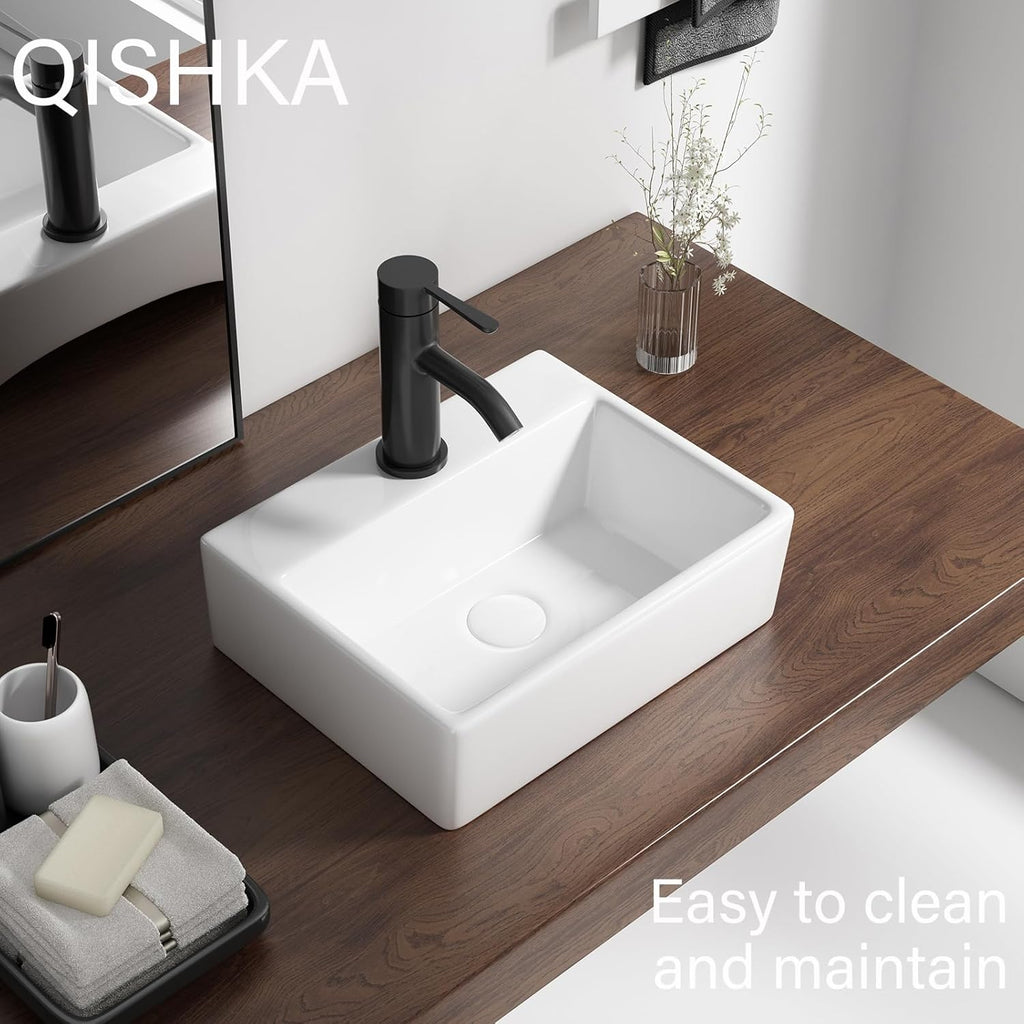 Wall Mounted Bathroom Vessel Sink, QISHKA 15" X 12" Rectangular Floating Ceramic Wash Hand Basin White Wall Hung Vanity Sink for Bathroom and Cloakroom