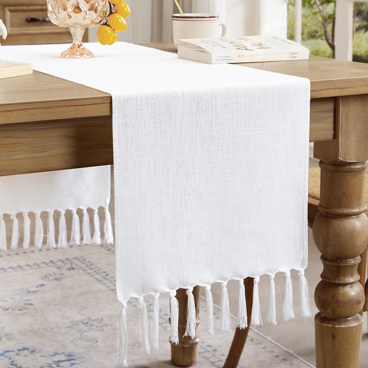 Linen Style Rustic Table Runner, Farmhouse Cotton Linen Table Runner, Boho Table Runners 72 Inches Long with Hand Tassels for Home Tabletop Decor and Everyday Use - Off White, 72 Inch