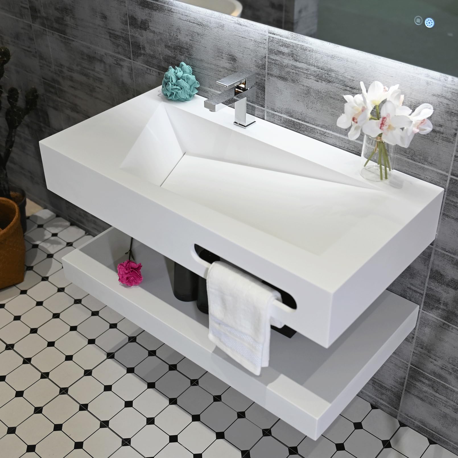 32"x19" Wall Mount Bathroom Vanity with Sink Stone Resin Floating Vanity Sink Rectangular Vessel Sinks for Bathroom White Trough Art Basin with Shelf Layer