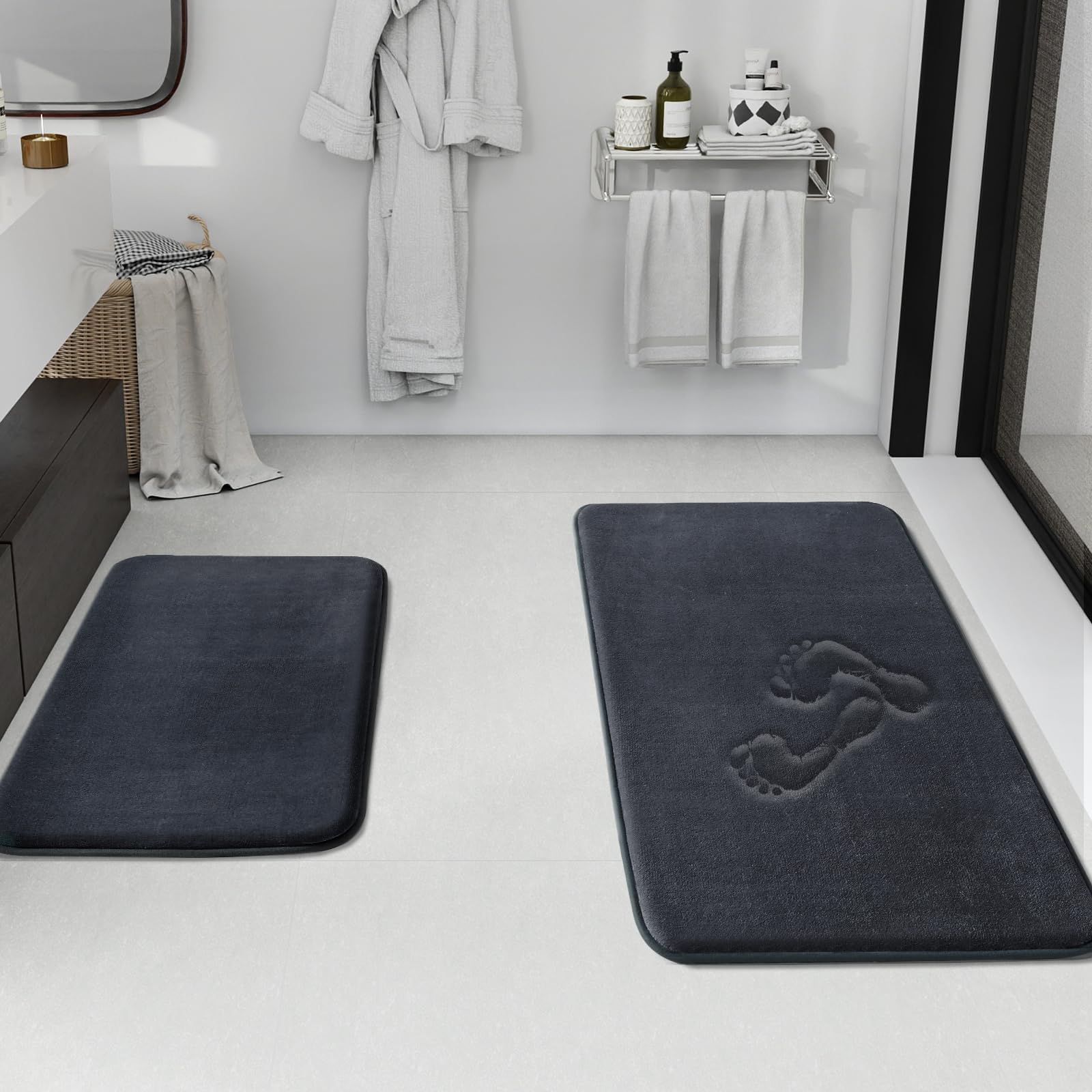 HUXMEYSON Bathroom Rugs Sets 3 Piece, Non-Slip & Quick Dry Bath Mat Set, Ultra Soft Velvet Bath Rugs for Bathroom, Toilet and Shower Floor, Grey