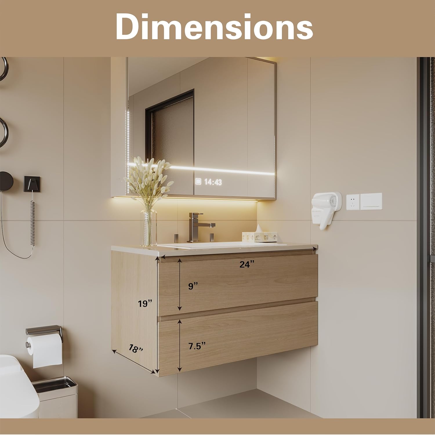 Wall-Mounted Bathroom Vanity 24" – Modern Floating Vanity with Soft-Close Drawers, Plywood Construction, Laminate Finish, Space-Saving Design (Cosmo Sand)