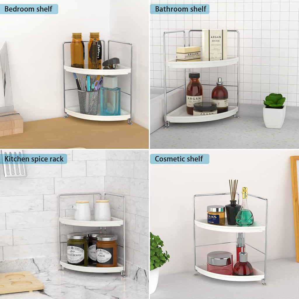 2-Tier Corner Bathroom Sink Countertop Organizer-Vanity Tray Cosmetic & Makeup Storage-Kitchen Spice Rack Standing Shelf,Perfect Storage Shelf for Bathroom,Bedroom,Kitchen,Vanity,Silver