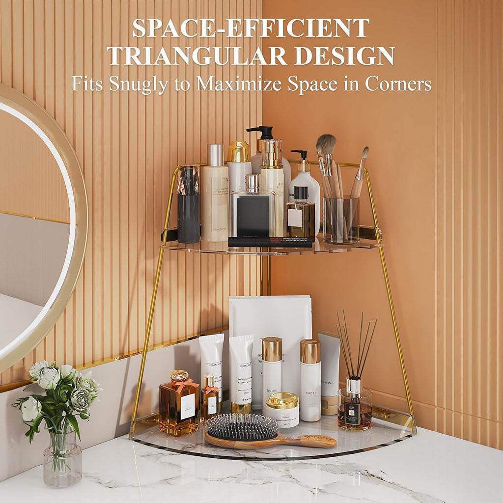 NiHome 2-Tier Acrylic Countertop Corner Organizer for Bathroom Kitchen Bedroom, Corner Skincare Organizers Makeup Organizer for Vanity Storage - Sturdy Metal Frame & Anti-Slip Pads, Home & Office Use