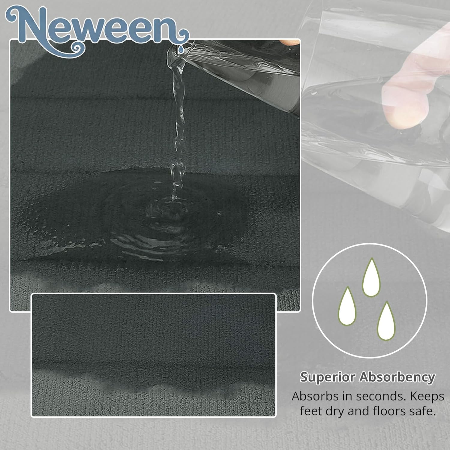 Neween Bathroom Rugs Set 3 Piece, Extra Soft Absorbent Non Slip Memory Foam Bath Mat Set, Thick & Quick Dry Washable Bath Rugs Bathroom Carpet Contour Toliet Mats for Floor, Tub, Shower (Dark Grey)
