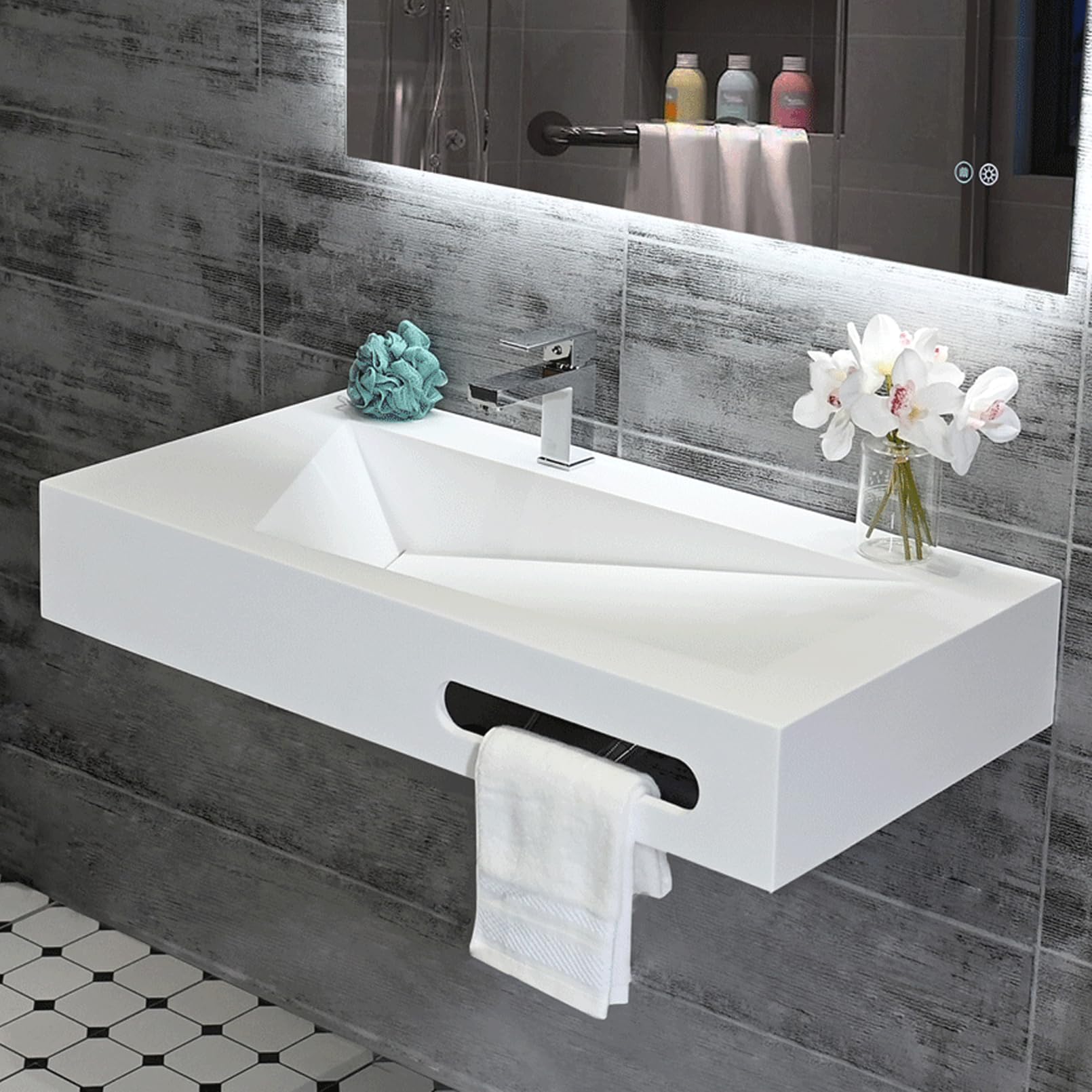 36"x19" Wall Mounted Bathroom Vanity with Sink Stone Resin Floating Vanity Basin Modern Rectangular Vessel White Trough