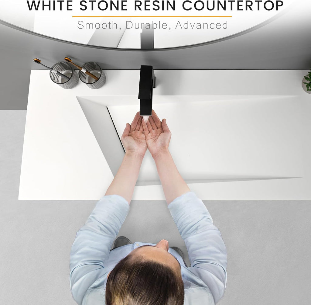 QJ&XY Resin Bathroom Sink 48" Wall Mounted V-Shaped White Basin with Towel Rack, Floating Vanity Sink in Soft-Touch Finish (Double Tier)