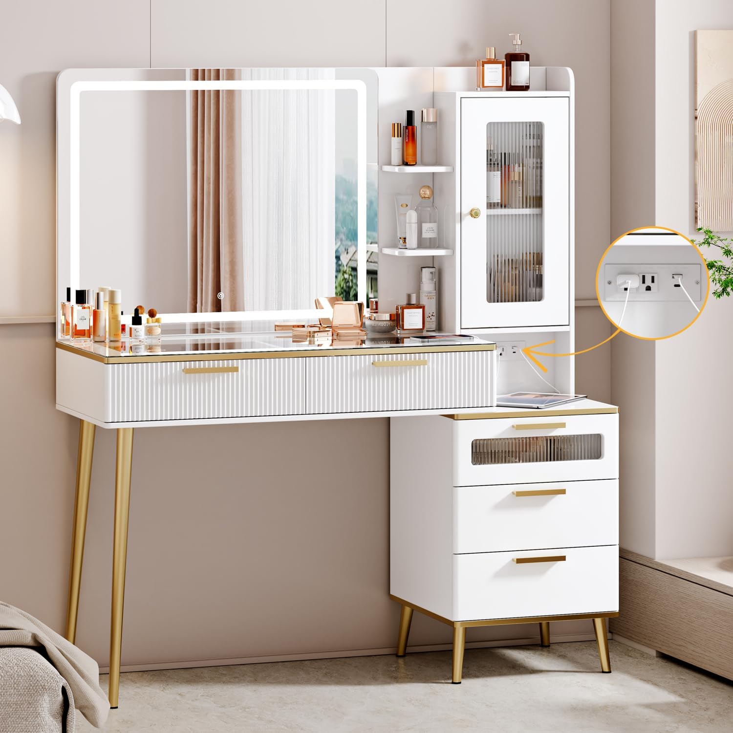 Arulvmrn Vanity Desk with 29.53" HD Lighted Mirror, 47.24" Big Modern Vanity Desk with Mirror and Lights, Makeup Vanity with 5 Drawers and Storage Shelves and Charging Station,Brown