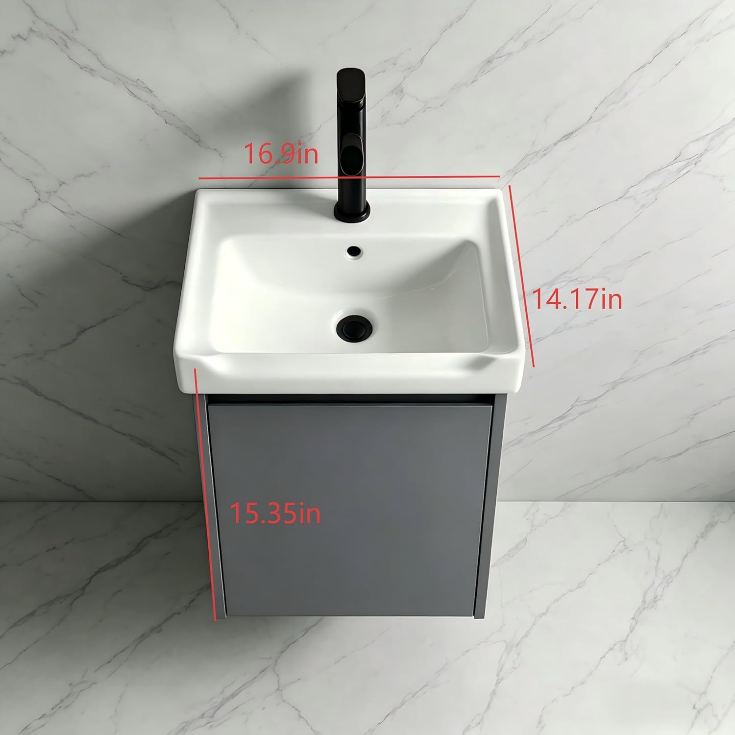 Modern-style 17in wall-mounted bathroom vanity with a ceramic sink and a compact floating vanity cabinet featuring soft-close doors,a storage solution designed specifically for small bathrooms (Gray)