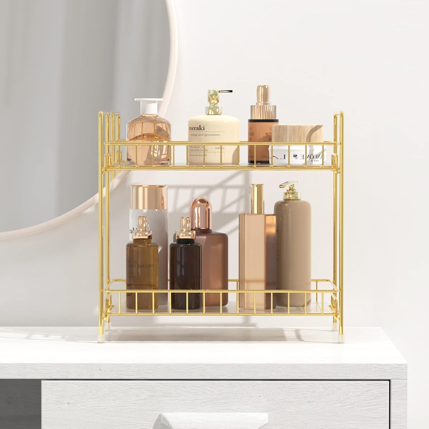 NLBTW 2 Tier Bathroom Organizer Countertop with Transparent Liner, Perfume Organizers Vanity Tray Makeup Shelf and Storage or Kitchen Spice Rack Corner Countertop Shelf Cosmetic Holder -Gold